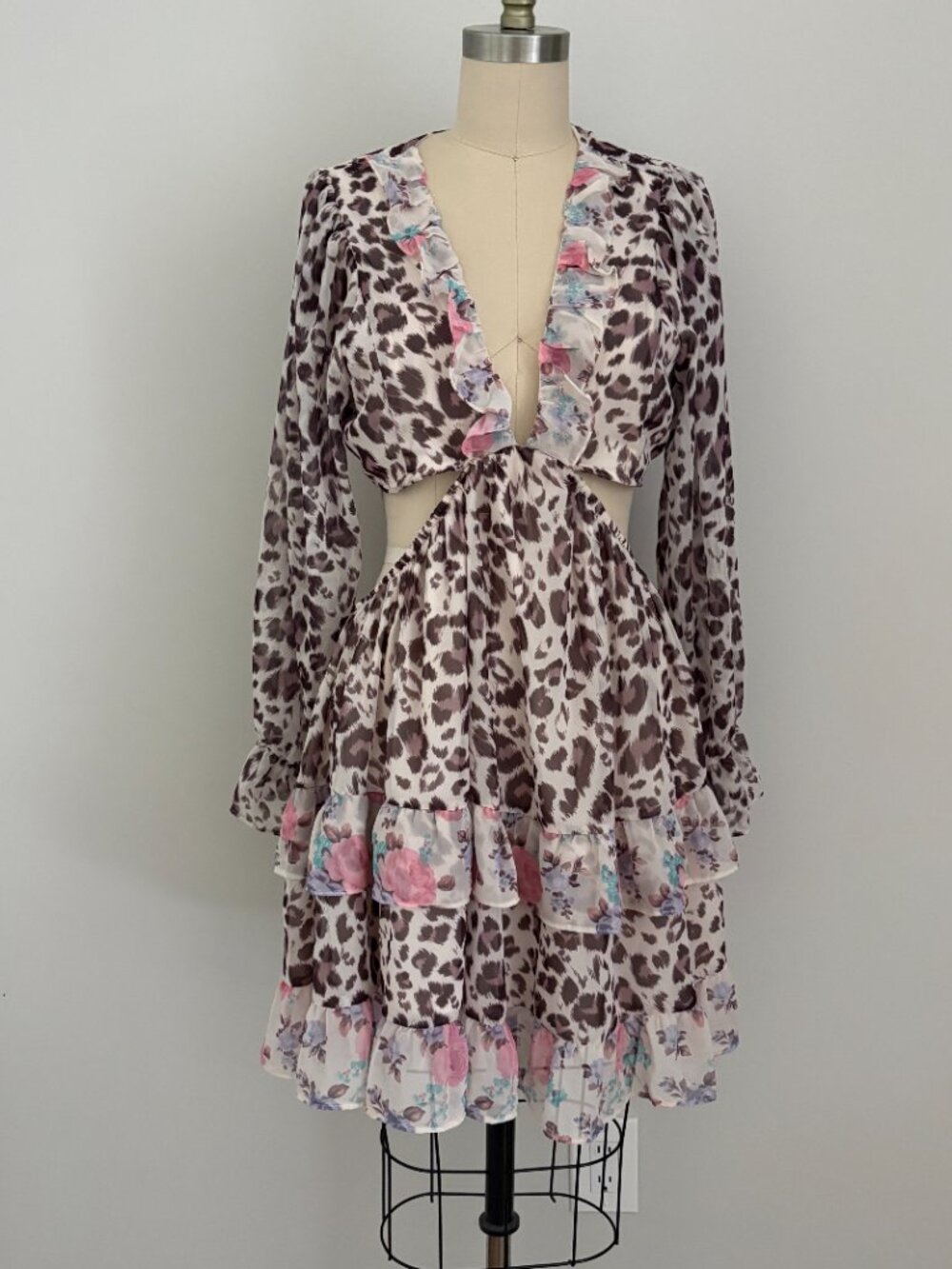 Miss Selfridge Leopard Floral Cutout Chiffon Ruffle Mini Dress Boho Chic Y2K 10